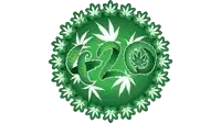 Cannabis leaf forms the center of a circular emblem with the number 420 displayed prominently in bold text. The background features green and gold accents suggesting celebration and pride in cannabis culture. The overall tone is festive and empowering.
