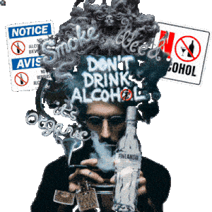 Animated sign displays the words Alcohol kills weed chills in bold letters. The background is dark and subdued, emphasizing the cautionary message. The emotional tone is serious and slightly playful, highlighting the contrast between alcohol and cannabis use.