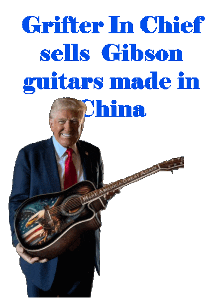 Donald Trump stands at a booth selling guitars labeled Made in China. The background suggests a trade show or market setting. Text reads Trump sells Made in China guitars. The tone is satirical and critical, highlighting irony in the scene.