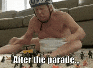 A cartoon baby resembling Donald Trump is crying loudly while sitting in a stroller during a parade. The background shows festive parade elements and people watching. The emotional tone is humorous and mocking. No visible text in the image.