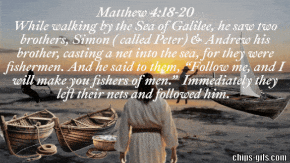 Beach at sunset with small waves, three beached boats, and a basket of fish as two future disciples cast their nets into the surf while Jesus walks toward them from behind, pauses, turns, and leads them up the beach as they grow closer to the viewer and disappear, reflecting his call to make them fishers of men — Bible verse: Matthew 4:18–20