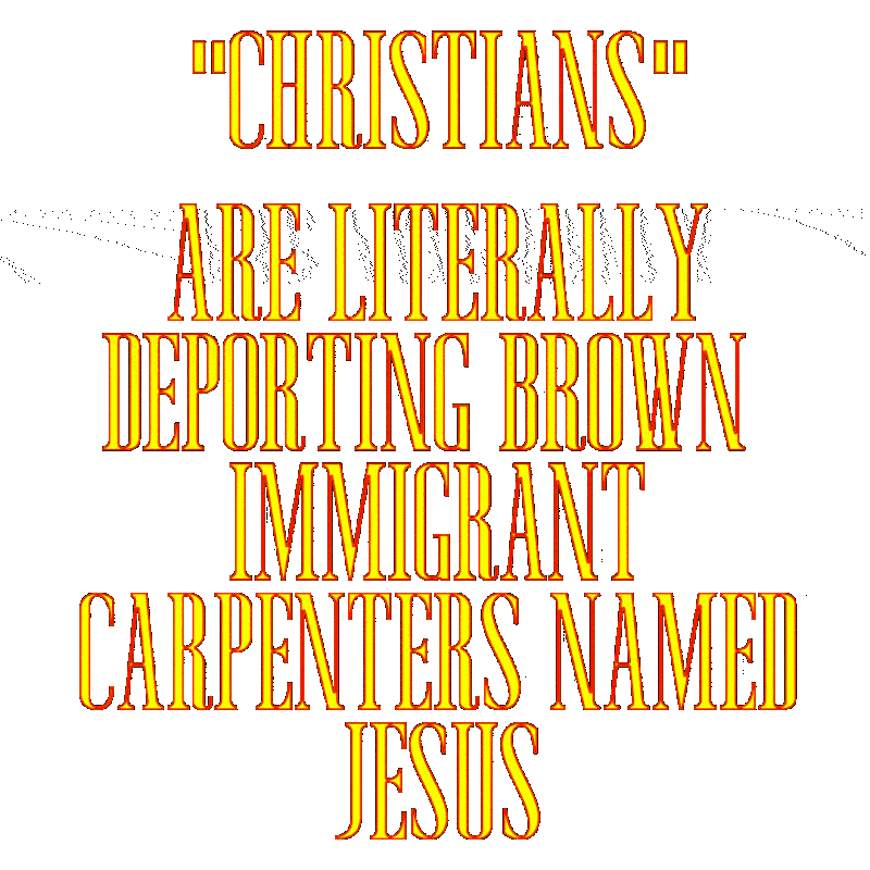 A carpenter named Jesus stands at a border checkpoint surrounded by officials. Text reads Christians are deporting carpenters named Jesus. The background suggests a tense and bureaucratic environment. The emotional tone is critical and satirical, highlighting themes of exclusion and irony.