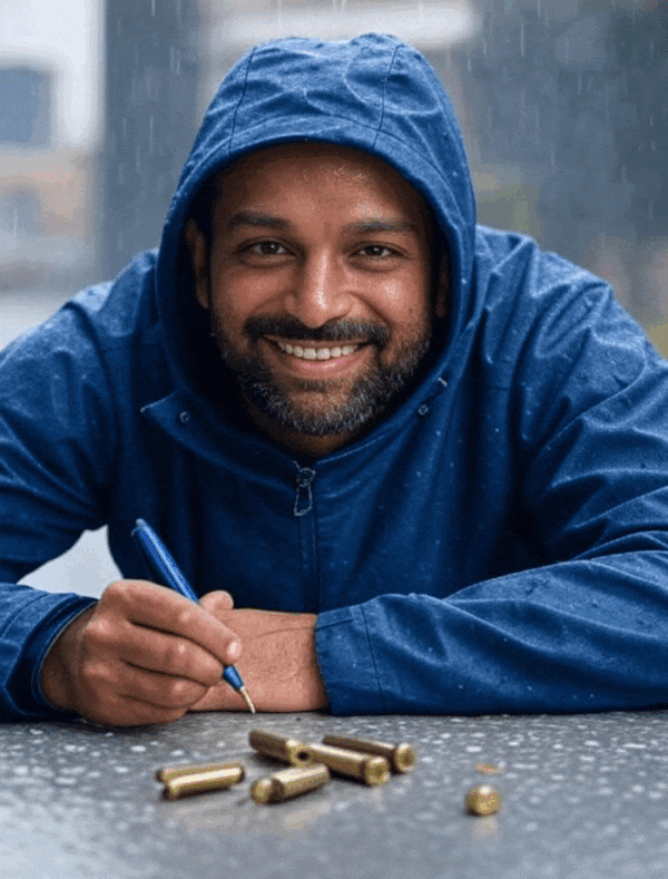 Kash Patel Sitting at a table engraving some bullet casings He looks up smiles and winks A little political Satire