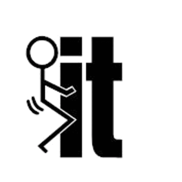 A stick figure animatedly interacts with the word IT in a humorous and irreverent way. The scene is simple with a playful and rebellious tone. The text IT is clearly visible as part of the action.