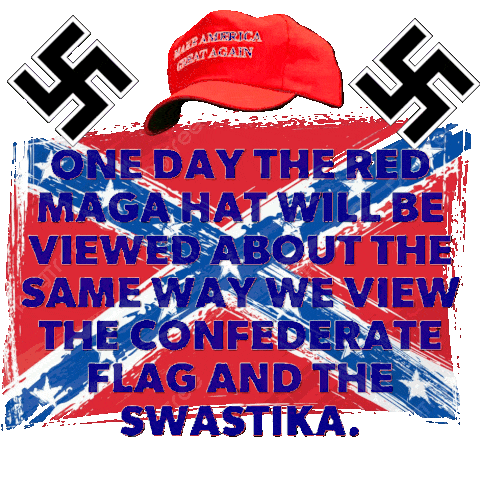 A red MAGA hat sits alone on a plain background with faded text reading How history will see the MAGA hat. The scene feels somber and reflective, suggesting a critical view of the hat's legacy.