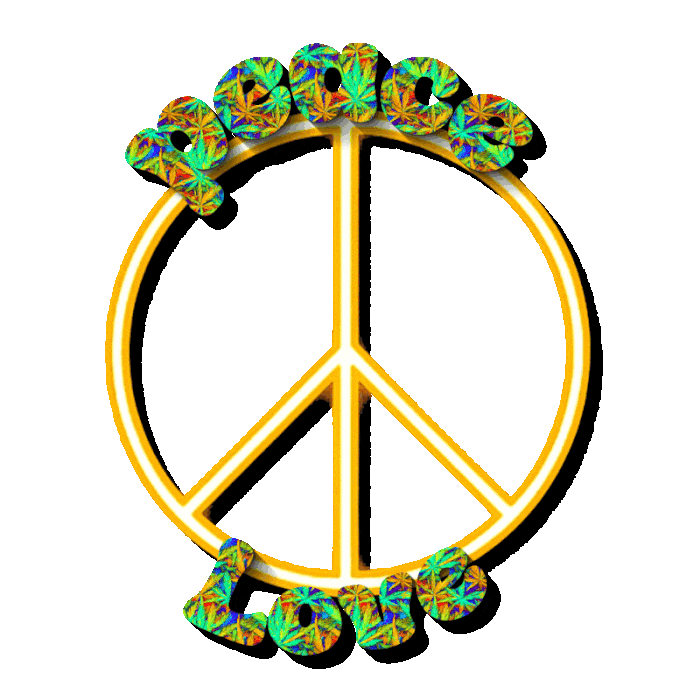  Psychedelic peace sign with peace and love At the top and bottom spelled out in weedy letters