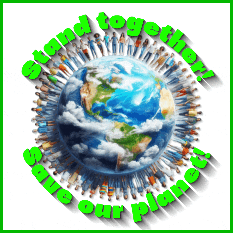 people holding hands around a spinning globe with a save our planet flashing